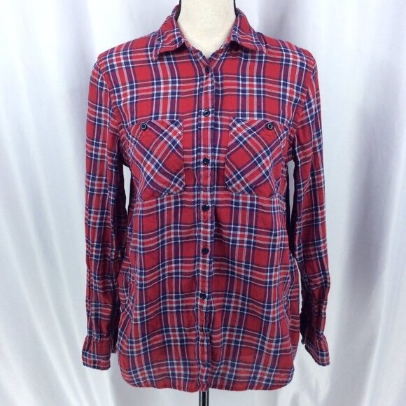RL Utility Denim & Supply Ralph Lauren Top Womens Medium Linen Red Blue Plaid - Picture 1 of 10